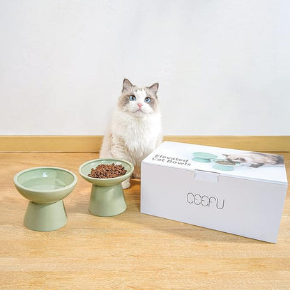 Extra Wide Elevated Ceramic Cat Water Bowl - 6.2" Deeper Dish for Whisker Fatigue Relief, 5" Height for Easy Feeding, Lead & Cadmium Free, Durable Raised Cat Bowls, Green