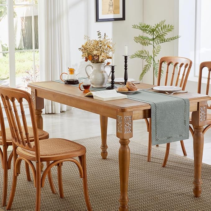 Rustic Burlap Table Runner, Machine Washable, Thick Textured Lattice Cutwork - Image 5