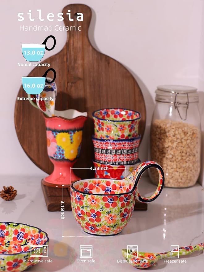 silesia Handmade Loop Handle Soup Bowl, Plate and Spoon Set Ceramic Hand - Image 2