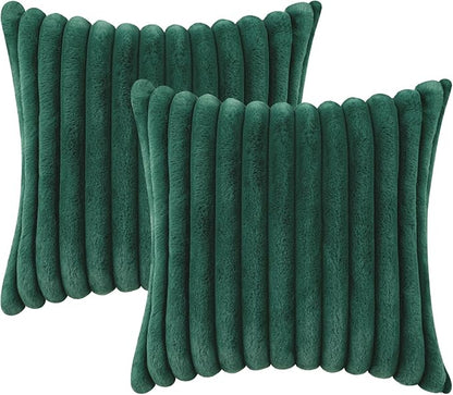 decorUhome Cozy Faux Fur Spring Throw Pillow Covers 16x16 Set of 2 Decorative Soft Plush Striped Modern Farmhouse Boho Couch Pillow Cases with Velvet Back for Sofa Bed Living Room, Christmas Green
