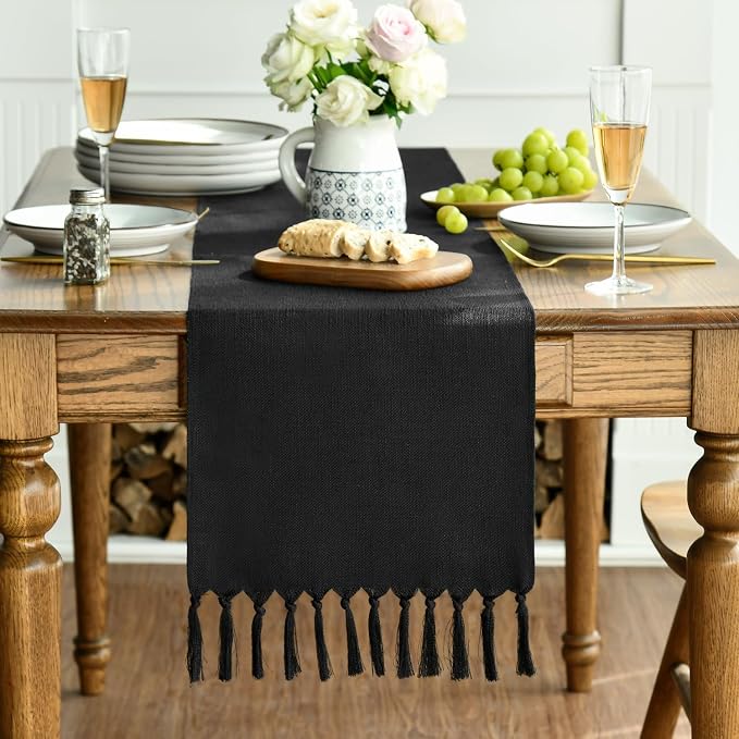Artoid Mode Black Tassel Table Runner, Halloween Linen Blend Rustic Farmhouse - Image 3