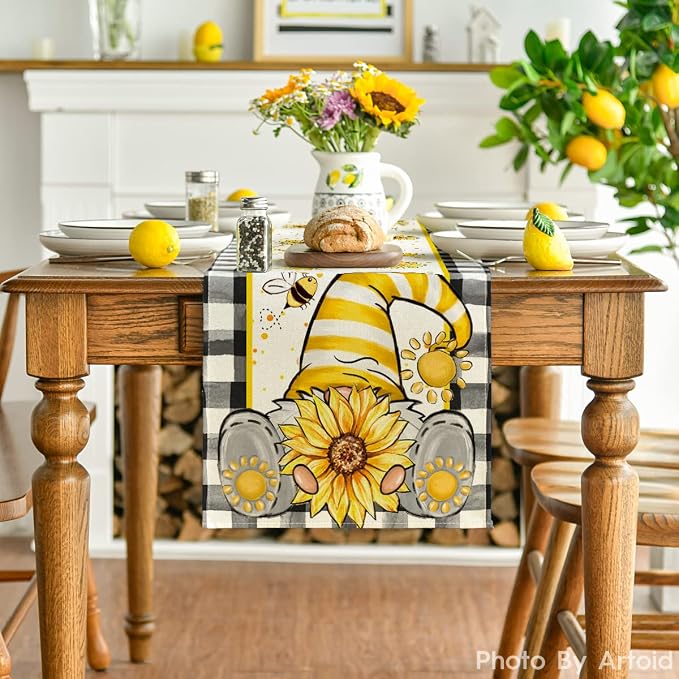 Artoid Mode Buffalo Plaid Sunflower Gnome Bee Summer Table Runner, Seasonal - Image 2