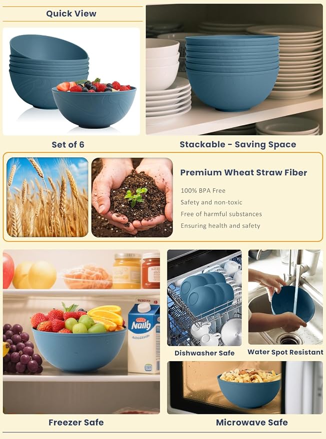Bowls for Kitchen, Premium Wheat Straw Bowl 6 PCS, Unbreakable LIghtweight - Image 4