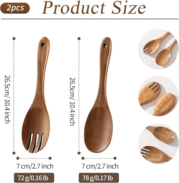 Acacia Wood Salad Server Set, Serving Utensils 10.4 Inch | Wooden Spoon and - Image 2