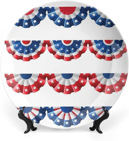Decorative Plates, American Flag Decor Print Ornament, Flag Round Bunting Election Ornament Pattern, 10 Inch, 1 Plate with 1 Display Stand, Blue Red