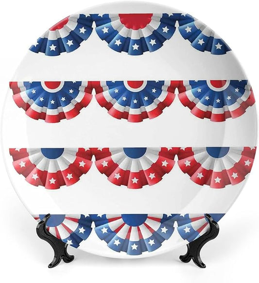 Decorative Plates, American Flag Decor Print Ornament, Flag Round Bunting Election Ornament Pattern, 10 Inch, 1 Plate with 1 Display Stand, Blue Red