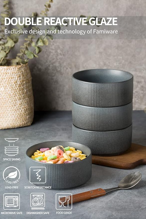 famiware Cereal Bowl Set, 23 oz Soup Bowls Set of 6, Matte Dark Charcoal | - Image 3