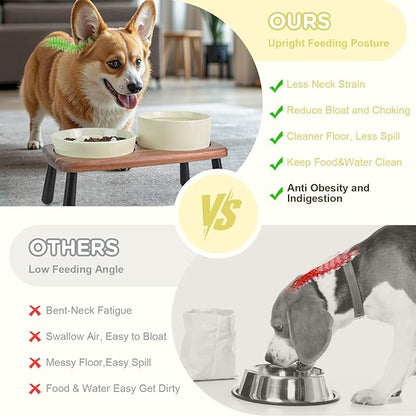 SPUNKYJUNKY Ceramic Elevated Dog Bowls with Slow Feeder Raised with Acacia Bamboo Wooden Stand, 6.1'' Dog and Cat Food Water Bowls Set Non-Slip for Small Medium Sized Breed - Beige