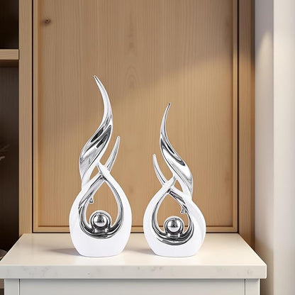 Gold Ceramic Abstract 2 Piece Statue Set,Mid Century Modern Abstract Art Home Decor Statue Mantelpiece on Unique Shelf Decor, TV Cabinet Divider Table top and Dining Table Centerpiece (White Silver)