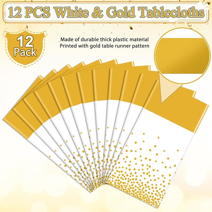 12Pcs White and Gold Tablecloth Party Decorations, Plastic White Table Cloth - Image 2