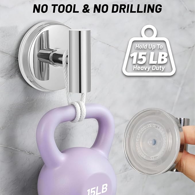 Large 15lb Suction Cup Hooks for Shower, No-Drill Bathroom Towel Hooks for Robes - Image 2