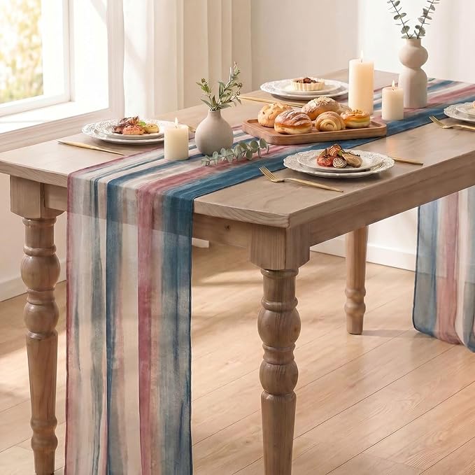 Artoid Mode Boho Blue Red Stripes 4th of July Chiffon Table Runner 120 Inches - Image 4
