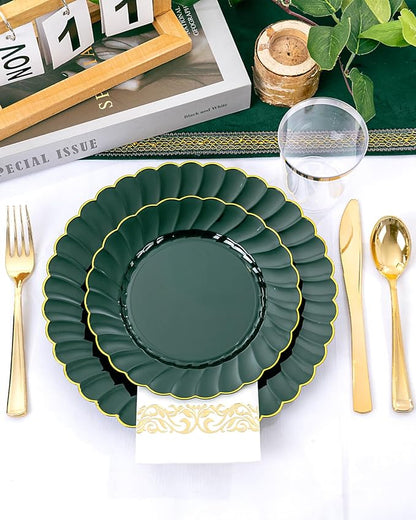 YOUBET 175PCS Green Scalloped Plastic Plates - Green and Gold Disposable Dinnerware Set Include 50 Plates, 75 Gold Silverware, 25 Cups, 25 Napkins for Party & Wedding