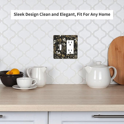 Light Switch Cover Black/Gold Boho Botanical Floral Rustic Flowers 2 Gang Toggle Rocker Combo Socket Cover Wall Plates Decorative Switch Plates and Outlet Covers for Bathroom Kitchen Decor