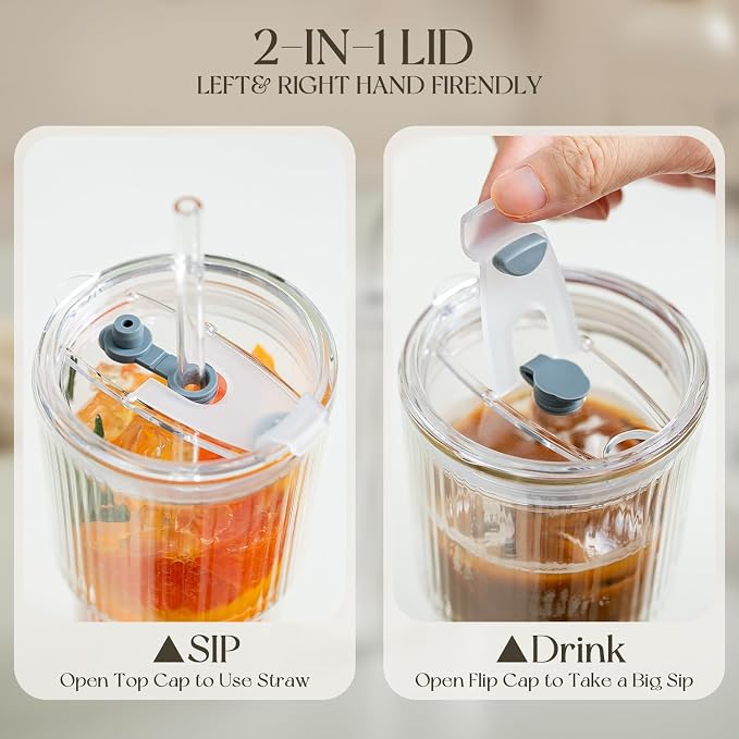 KEMORELA Iced Coffee Cups with Lids 20oz Ribbed Double Wall Glass Cups with - Image 5