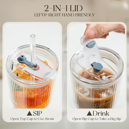 KEMORELA Iced Coffee Cups with Lids 20oz Ribbed Double Wall Glass Cups with - Image 5