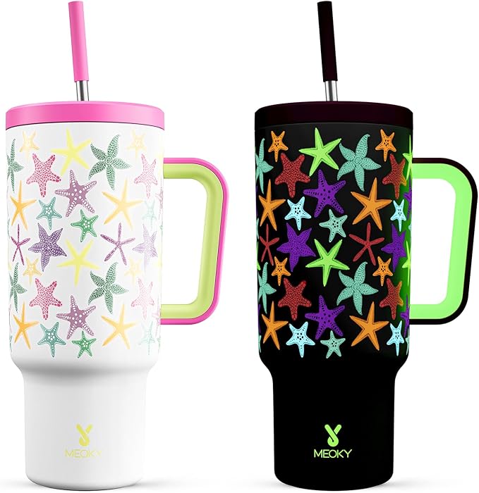 Meoky 40 oz Tumbler with Handle and Straw: Glow in the Dark Tumbler with Lid by MEOKY