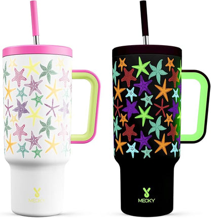 Meoky 40 oz Tumbler with Handle and Straw: Glow in the Dark Tumbler with Lid by MEOKY