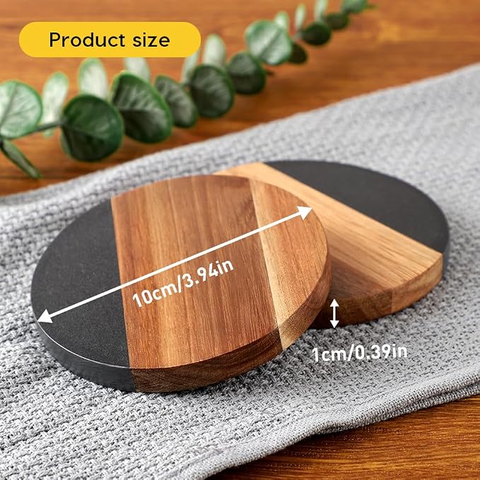 WLWNWFT Marble Acacia Wood Drinks Coasters Set of 4, Modern Rustic Wooden - Image 2