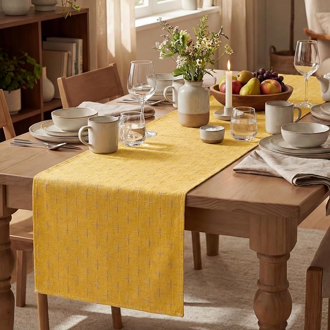 Artoid Mode Yellow Cross-Star Textured Table Runner, Seasonal Waterproof Rustic - Image 5