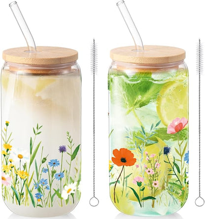 Sliner 2 Pcs Wildflower Glass Cups Floral Drinking Glasses Flower Iced Coffee by Sliner