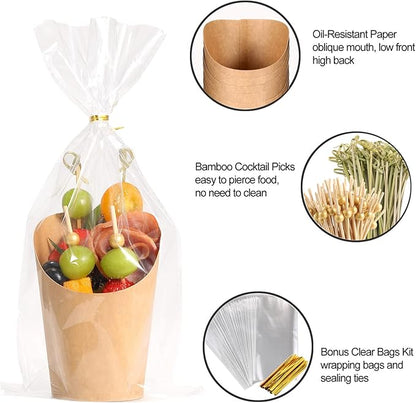 Disposable Charcuterie Cups 60 PCS with 200PCS Sticks and 60PCS Bags, 14 oz Kraft Paper Snack Boxes Appetizers Cup French Fry Holder with Cocktail Skewers Toothpicks Tooth Picks, Brown