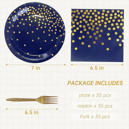 Serve 35 Guests Navy Blue and Gold Party Supplies,7 Inch Blue and Gold Paper Plates and Napkins for Birthday Wedding Retirements Graduation Party