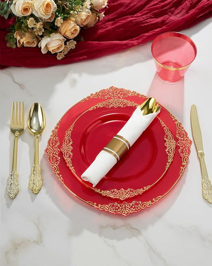 Goodluck 350 Piece Red Dinnerware Set for 50 Guests, Fancy Disposable Plates, Include: 100 Red Rim Plastic Plates, 150 Silverwares, 50 Pre Rolled Napkins, 50 Cups for Party, Wedding