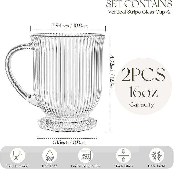KEMORELA 16oz Ribbed Glass Coffee Mugs Set, Large Glass Mugs - Image 3