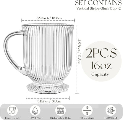 KEMORELA 16oz Ribbed Glass Coffee Mugs Set, Large Glass Mugs - Image 3