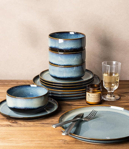 Ceramic Dinnerware Set for 4, 12-Piece Plates and Bowls Set | Handmade Reactive - Image 5