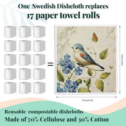 Bird Swedish Dishcloths for Kitchen, Swedish Dish Cleaning Cloths for Spring，Papaya Reusable Paper Towels, 4 Pack Dish Towels for Kitchen, Reusable Paper Dishcloths Washable