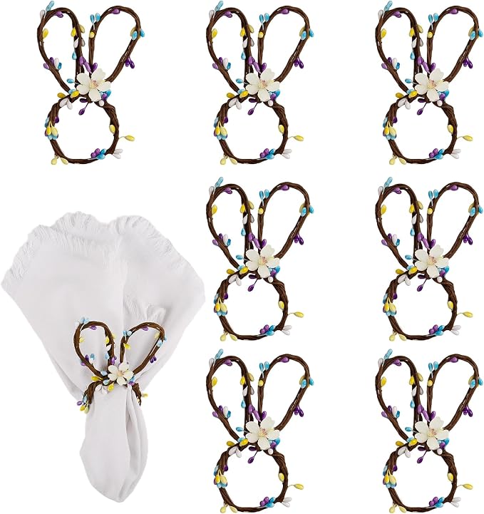Easter Bunny Ear Napkin Rings Set of 8, Colorful Rattan Bunny by Getfitsoo