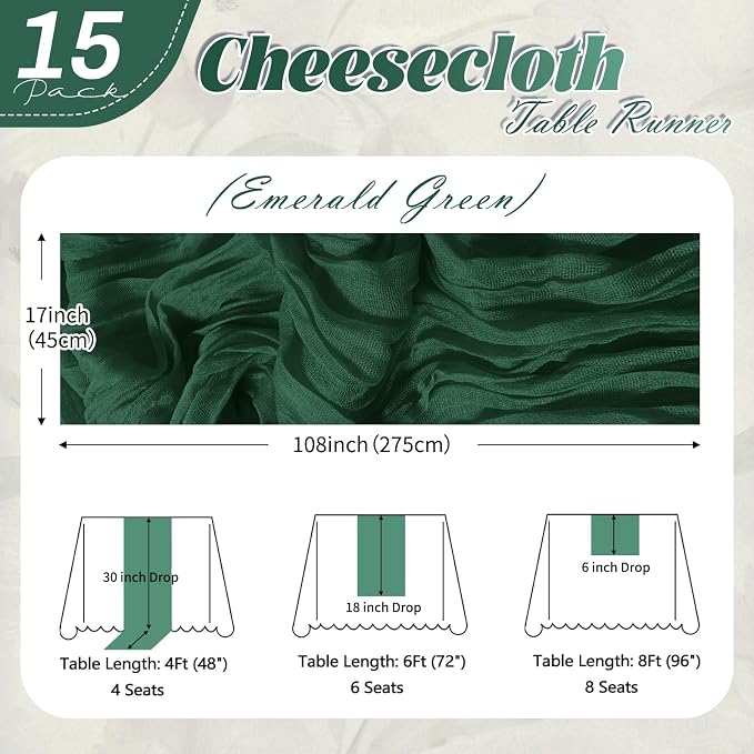 15 Pack Emerald Green Cheesecloth Table Runner 17 x 108 inch Cheese Cloth Table - Image 2