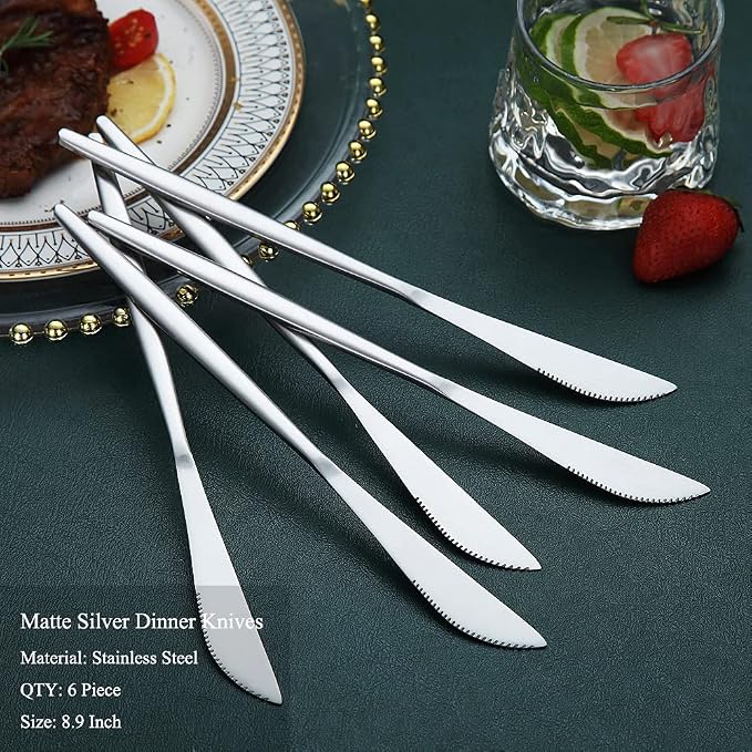 HOMQUEN Dinner Knives 6 Piece, Stainless Steel Matt Silver Dinner Knife - Image 2