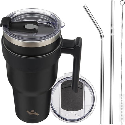 Konokyo 40 oz Tumbler with Handle and Straw, Insulated Travel Mug | Black; by Konokyo