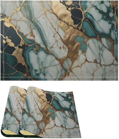 Marble Linen Placemats Set of 2, Modern Abstract Foil Texture White Green Gold Marble Washable Place Mats, Non Slip Placemat for Home Party Dining Tables Wedding Kitchen Banquets Decor 12x17 Inch