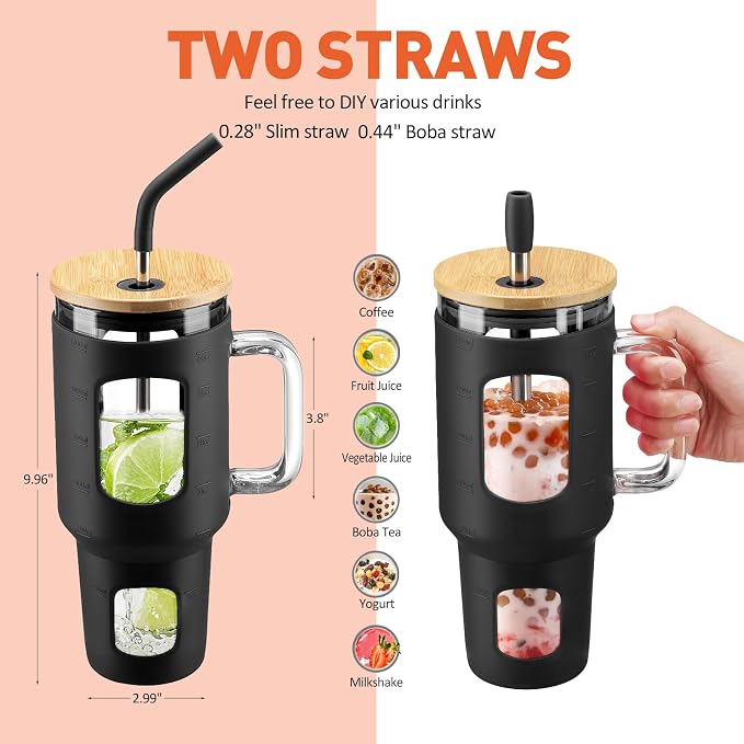 WINSA Glass Tumbler with Straw and Lid, 40 oz, Glass Water Bottles with Time - Image 4