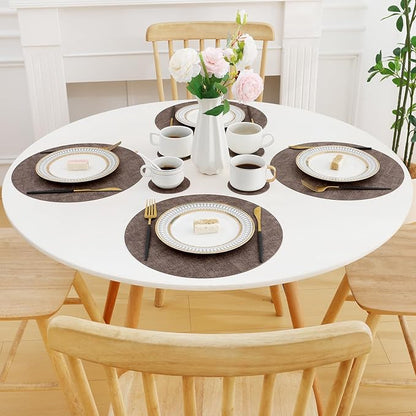 Homaxy Round Faux Leather Placemats and Coasters, Washable Dual-Side Table Mats, Wipeable Heat-Resistant Dining Place Mats for Outdoor and Indoor, Set of 8, Diameter 13 and 3.93 inch, Dark Brown