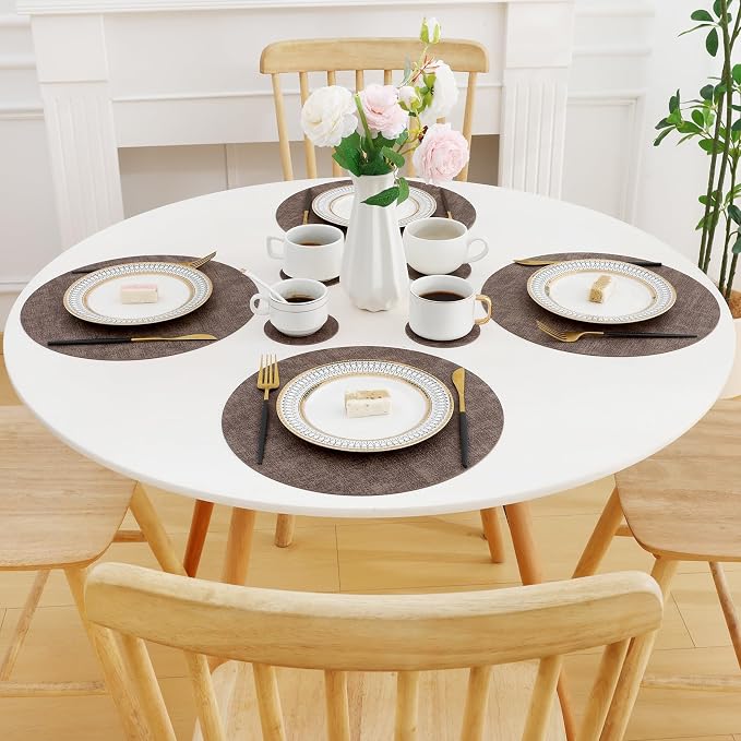 Homaxy Round Faux Leather Placemats and Coasters, Dark Brown | Washable - Image 8