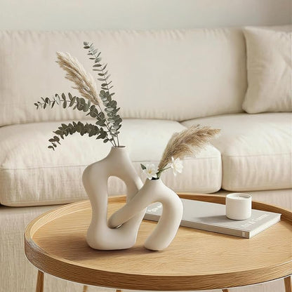 Dowan White Vases for Decor, Hollow Ceramic Vase Set of 2, 8.3" Nordic Modern - Image 5
