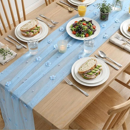 Artoid Mode Blue Flower Pearl Blue Gauze Table Runner 10FT 6PC, Seasonal Sheer - Image 5
