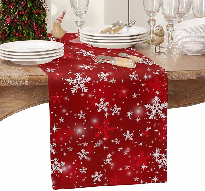 Red Christmas Short Table Runners 48 Inches, Cotton Linen Fabric Snowflake - Image 4