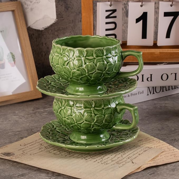 KAMMAK Tea Cups and Saucers Set of 2, 8.5 oz Porcelain Coffee Cups, 561N | - Image 2