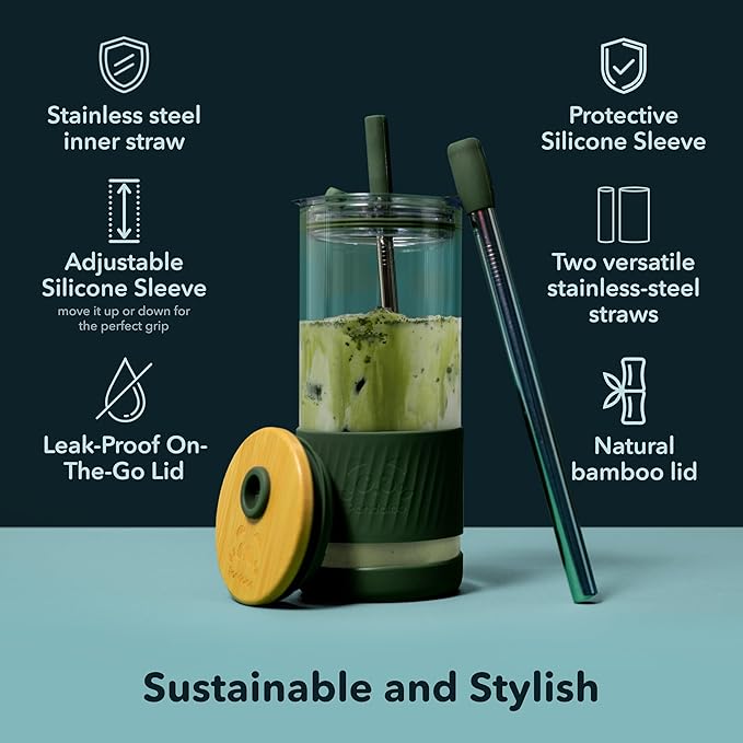 Pandaloo® Glass Cups With Lids and Straws -20 Fl Oz- Perfect Size Iced Coffee - Image 3