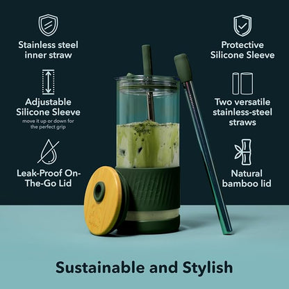 Pandaloo® Glass Cups With Lids and Straws -20 Fl Oz- Perfect Size Iced Coffee - Image 3