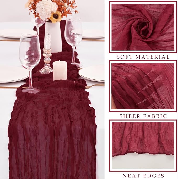 10FT 6 Pcs Burgundy Cheesecloth Table Runner Gauze Fabric Boho Cheese Cloth - Image 2