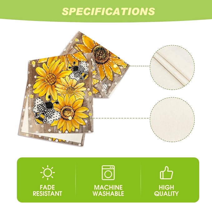 Artoid Mode Wood Sunflower Bee Flower Polka Dot Summer Table Runner, Seasonal - Image 5