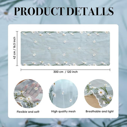 Artoid Mode Daisy Floral Sky Blue Shaped Gauze Embroidery Table Runner 120 Inch - Image 6