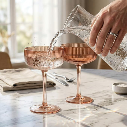 Khen Pink Peach Acrylic Ribbed Coupe Martini Champagne Cocktail Glasses - Image 6